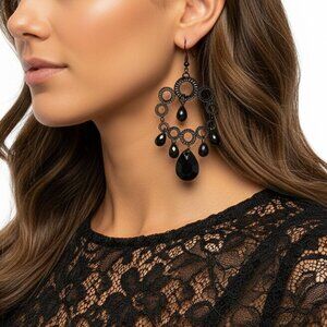Black Chandelier Earrings Teardrop Dangle Filigree Glam Gothic Whimsygoth Drop